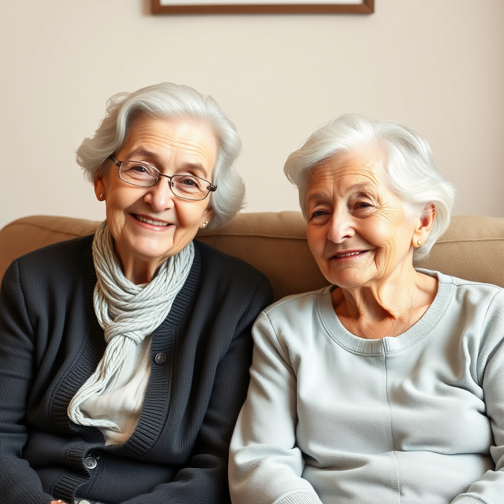 Create a high-resolution line drawing of two elderly women sitting together with warm expressions, captured with a Canon EOS R5, 50mm lens, f/1.8 aperture, ISO 100, natural soft diffuse lighting, and a slightly elevated angle for intimacy.