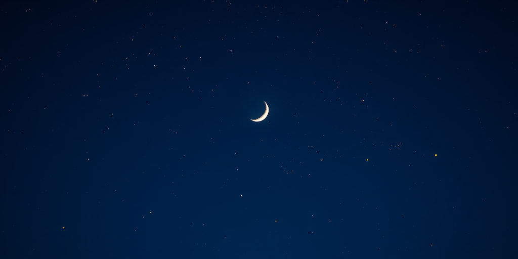 Create a night sky scene featuring a crescent moon and scattered yellow stars, captured with a DSLR camera at f/2.8, ISO 100, shutter speed 1/60s, using a wide-angle lens at an eye-level perspective for enhanced clarity and detail.