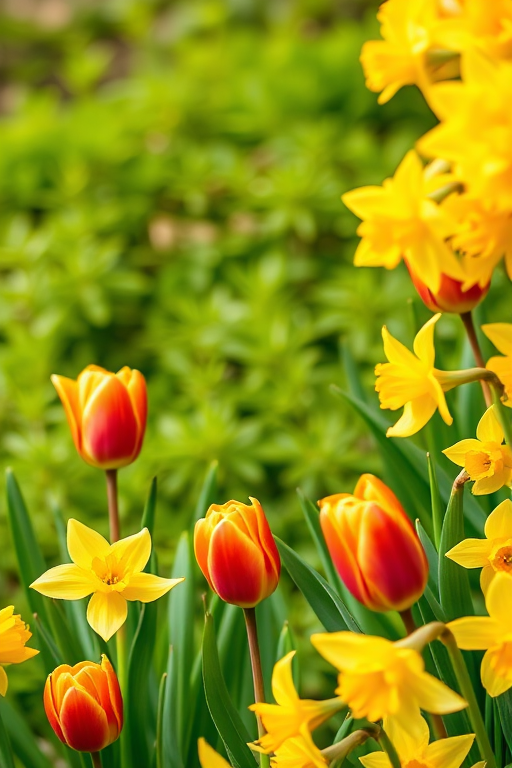Create a floral border design featuring vibrant tulips and daffodils, using a macro lens with a shallow depth of field, ensuring bright colors and fine details, shot in natural light with a DSLR camera for high resolution and clarity.