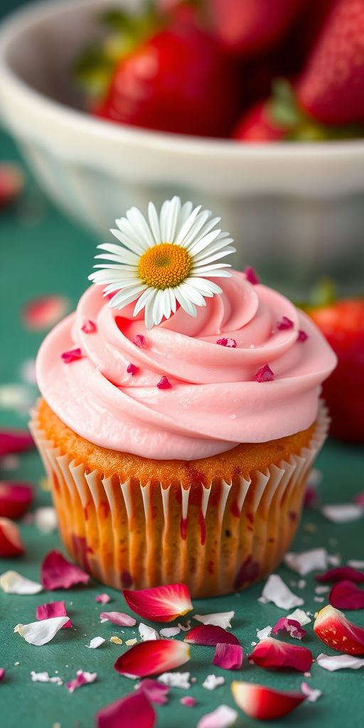 A close-up of a delicious cupcake with pink frosting topped with a small daisy and crushed strawberry pieces surrounded by scattered flower petals on a green surface with a blurred bowl in the background.