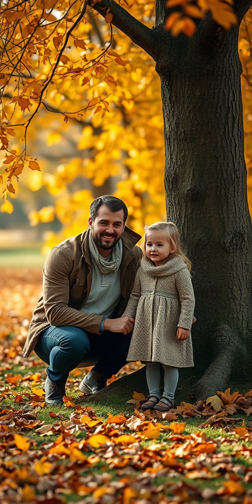 Autumn scene with a man kneeling next to a young girl by a tree, surrounded by golden leaves, soft focus, DSLR camera, f/2.8 aperture, 50mm lens, ISO 200, natural light.