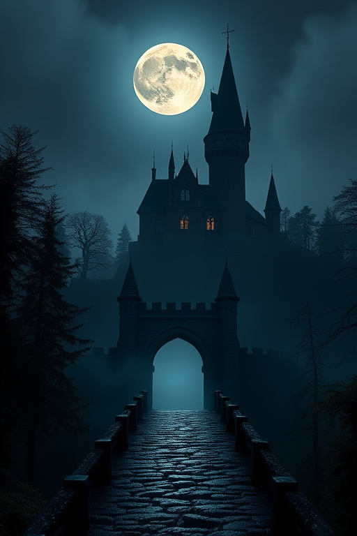 Create an atmospheric fantasy landscape featuring a silhouetted castle under a full moon, with a misty forest backdrop, a stone bridge leading to a glowing archway, captured with a DSLR camera at f/2.8, ISO 400, 24mm focal length, in a wide-angle shot, utilizing long exposure for added depth and detail.