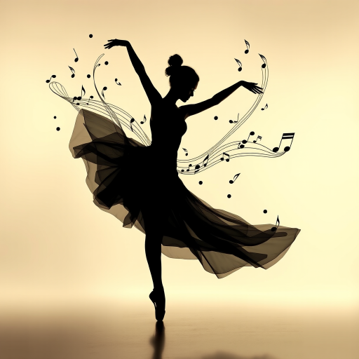 Create an abstract digital artwork featuring a silhouetted dancer in an elegant pose with flowing musical notes, using a high-resolution camera with a 50mm lens, f/1.8 aperture, ISO 100, captured in a 3-point lighting setup, with a soft focus background effect to emphasize motion and rhythm.