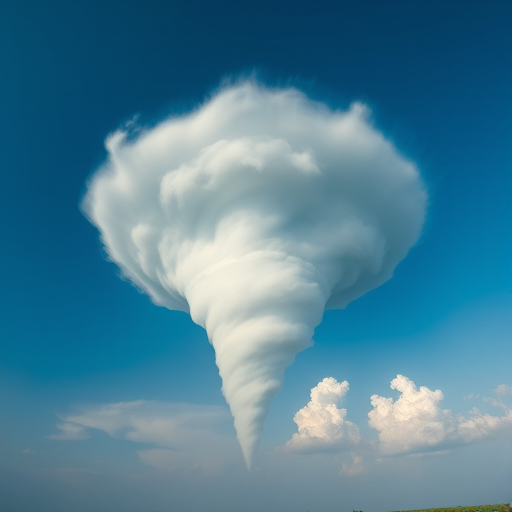 Generate a high-resolution image of a tornado in a clear blue sky, captured with a Canon EOS R5, 50mm lens, f/8 aperture, ISO 100, and a shutter speed of 1/1000 seconds, with a perspective from the ground looking up towards the swirling clouds.