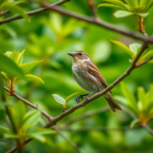 Capture a close-up image of a small bird perched on leafy branches in a lush green setting, using a DSLR camera with a 50mm lens, aperture set to f/2.8 for a shallow depth of field, ISO 100 for low noise, and a shutter speed of 1/500 sec for clear details, taken from a low angle view to emphasize the bird against the vibrant foliage.