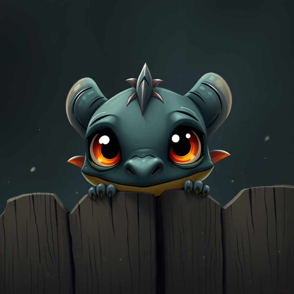 A small, scruffy cartoon-like dragon peers over a wooden fence with wide, expressive amber eyes, giving it an endearing look. The dark, muted background with streaks of faded color adds to the atmosphere of vulnerability and longing. The dragon's oversized eyes, full of emotion, draw the viewer in, evoking a sense of empathy and tenderness. Flecks of light and small bits of debris gently float through the scene, creating a soft, melancholic mood as the dragon waits patiently for comfort.