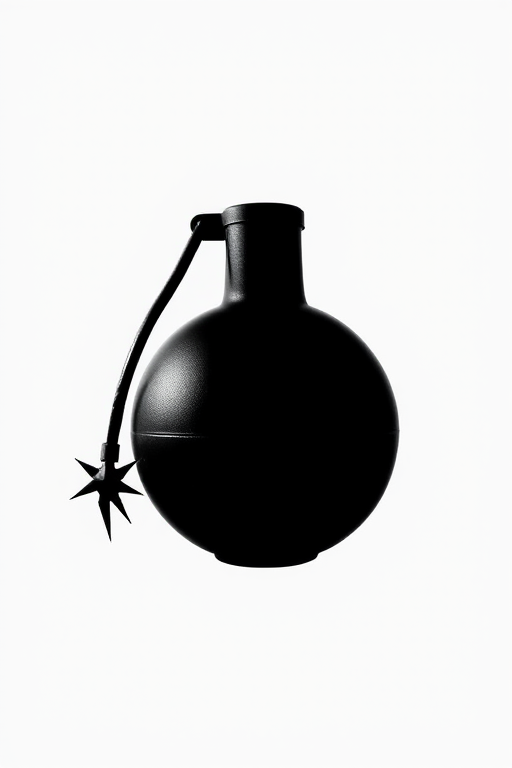 Create a high-contrast vector style image of a bomb with a fuse, using a wide-angle lens, f/8 aperture, 1/250s shutter speed, and ISO 100, focus on the silhouette against a plain white background.