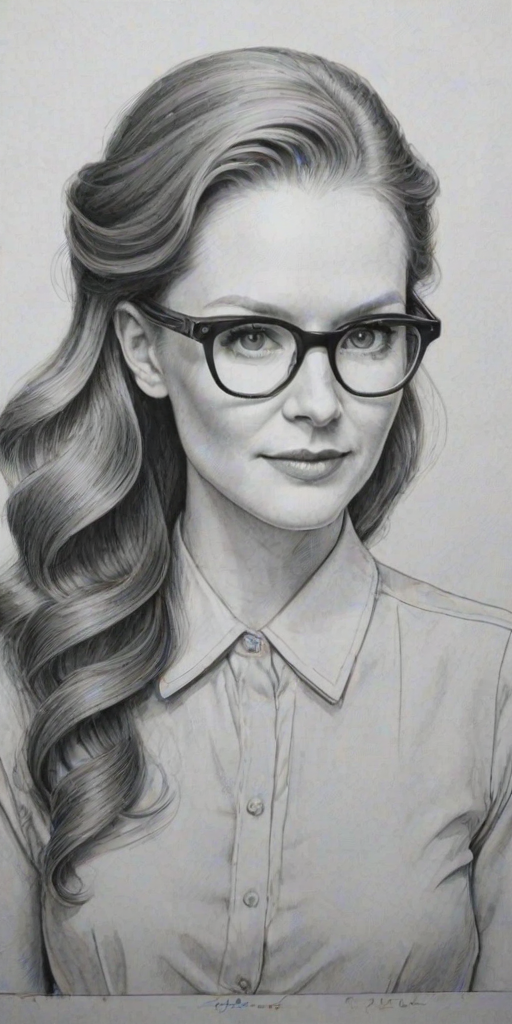 Comely Darby Stanchfield, pencil sketch, portrait of Graceful woman 1939s in glasses, hair style beatnik, outline, clear lines, fine lines, 8k
