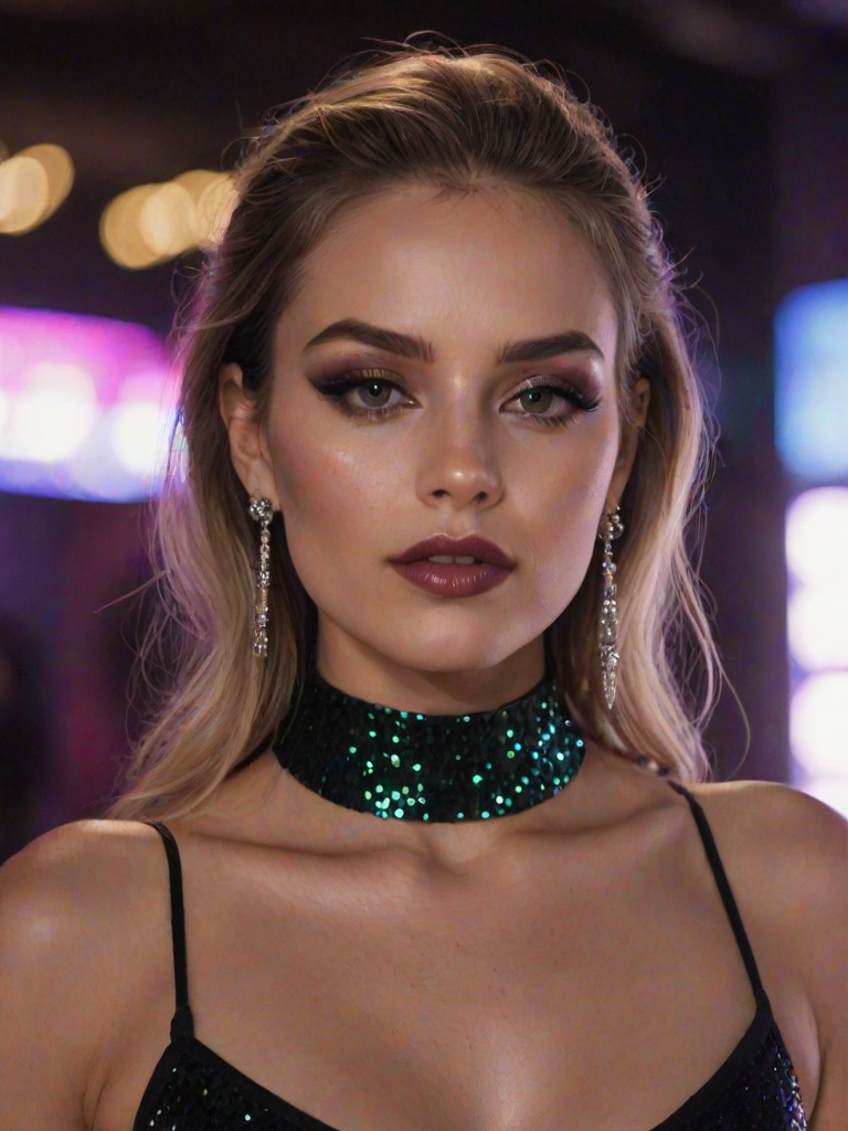 High res waist up portrait photo of a woman with glittery eye-shadow and clear glossy lip-gloss. She is looking at the viewer with her mouth closed. She is wearing a thin string-like black choker and hoop earrings. In the background is a nightclub scene out of focus