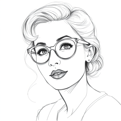 Lovely Carly Chaikin, pencil sketch, portrait of Pleasing woman 1933s in glasses, hair style beatnik, outline, clear lines, fine lines, 8k