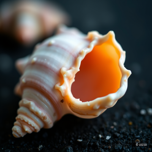 Close-up of a beautifully detailed seashell on a dark background, using a 50mm lens, aperture f/1.8, shutter speed 1/250s, ISO 100, natural lighting, with a shallow depth of field to enhance focus on the shell's texture and colors.