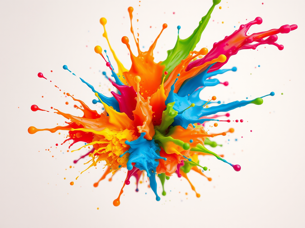 vibrant paint splash explosion on a light background, macro view, f/2.8 aperture, 1/200s shutter speed, ISO 100, DSLR camera, natural lighting, high-resolution detail