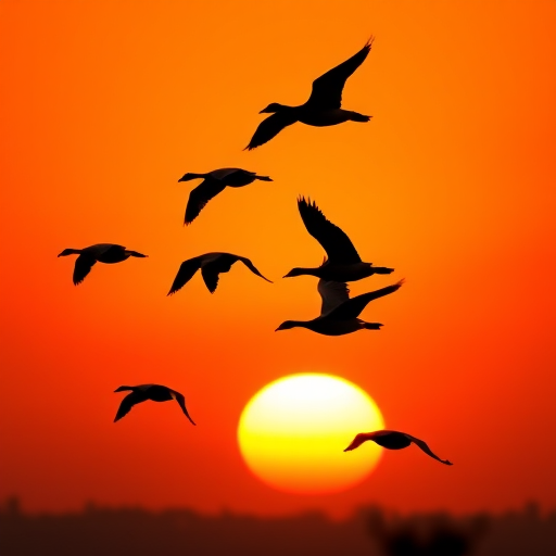 silhouette of flying geese against an orange gradient sunset, high-resolution, camera settings: ISO 100, f/8, 1/500s, camera view: wide-angle, camera style: digital, camera type: DSLR