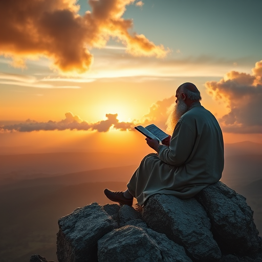 Create an image of a wise figure reading a book while seated on a rocky outcrop, overlooking a vast landscape at sunset with dramatic clouds and soft golden light, captured with a full-frame DSLR camera, 24mm lens, f/8 aperture, ISO 200, and a warm color profile.