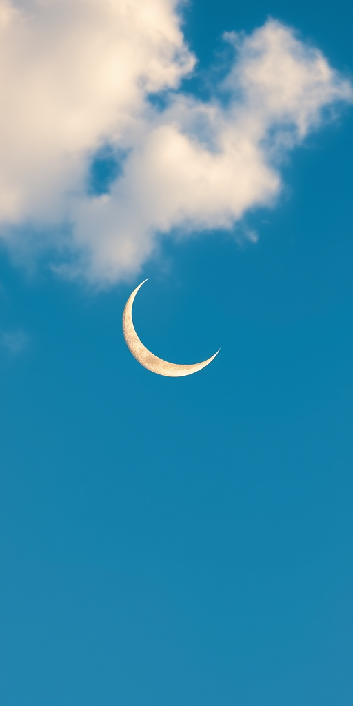 Create a high-resolution image of a crescent moon with a soft yellow hue surrounded by fluffy white clouds against a clear blue sky, captured with a DSLR camera at f/8, ISO 100, 1/200s, using a 50mm lens for sharp detail and vibrant color.