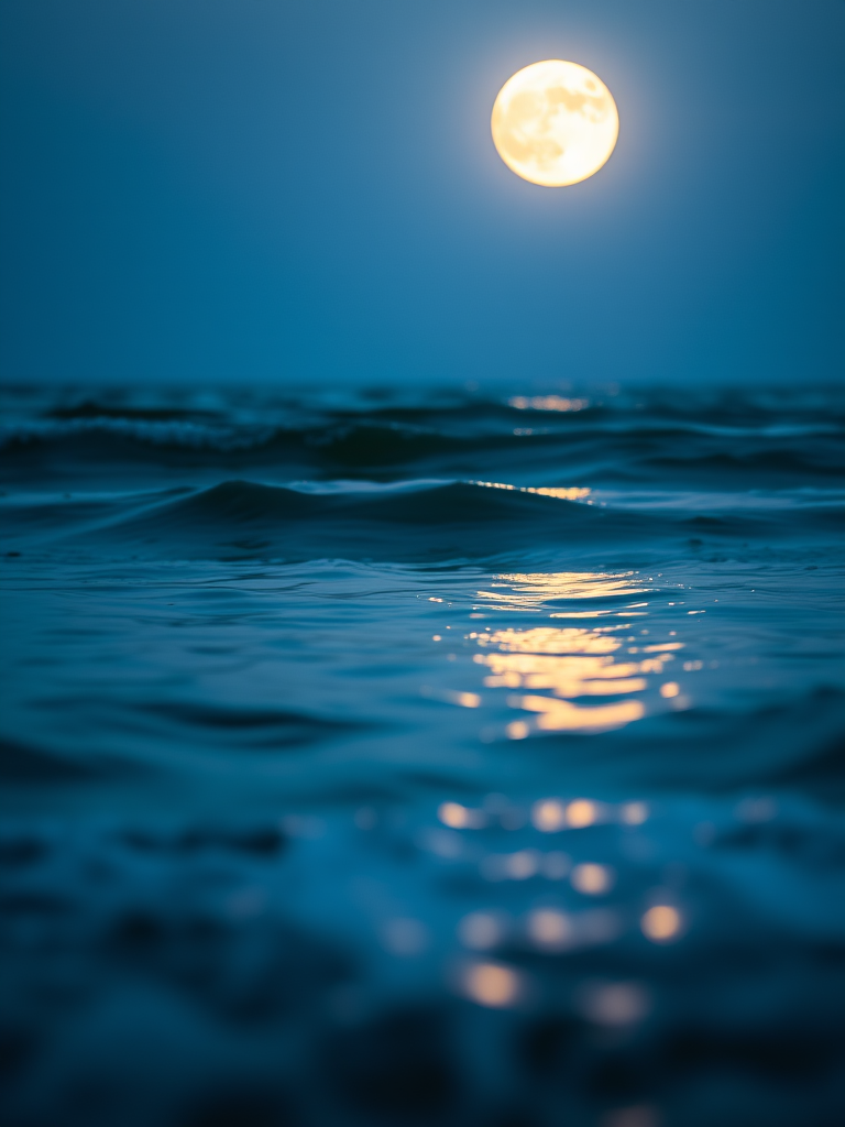 A serene seascape at twilight with a large, luminous full moon reflecting on gentle waves, captured with a Canon EOS R5, 24mm lens, f/8 aperture, 1/60s shutter speed, ISO 200, low angle view with soft focus on the foreground water for depth.