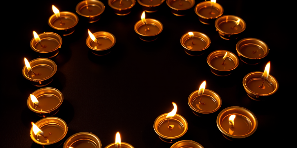 Generate a high-resolution image of a circular arrangement of golden oil lamps with flames on a black background, using a 50mm lens, f/1.8 aperture, ISO 100, and soft box lighting for enhanced detail and depth.