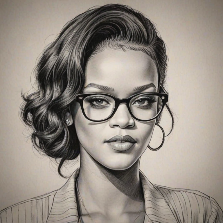 Charming Rihanna, pencil sketch, portrait of Superb woman 1939s in glasses, hair style beatnik, outline, clear lines, fine lines, 8k