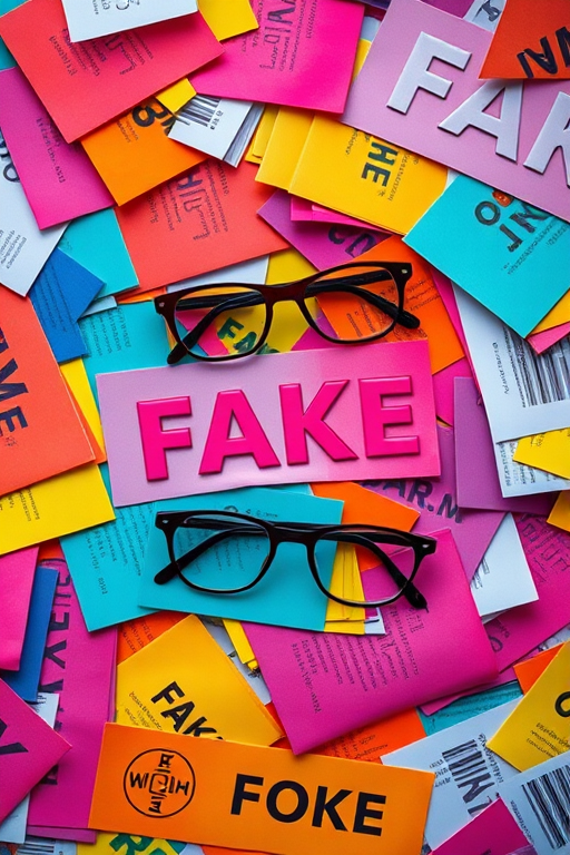 Create a vibrant abstract composition featuring a chaotic arrangement of colorful "FAKE" documents and stylized glasses, captured with a Canon EOS R5, 24mm lens, f/8 aperture, ISO 100, at a top-down view to create depth and clarity.