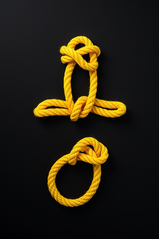 Create a high-resolution image of three different yellow rope knots illustrated on a plain black background, using a DSLR camera with a 50mm lens, aperture set to f/2.8, shutter speed at 1/100s, and ISO 200, captured in a top-down view to enhance detail and clarity.
