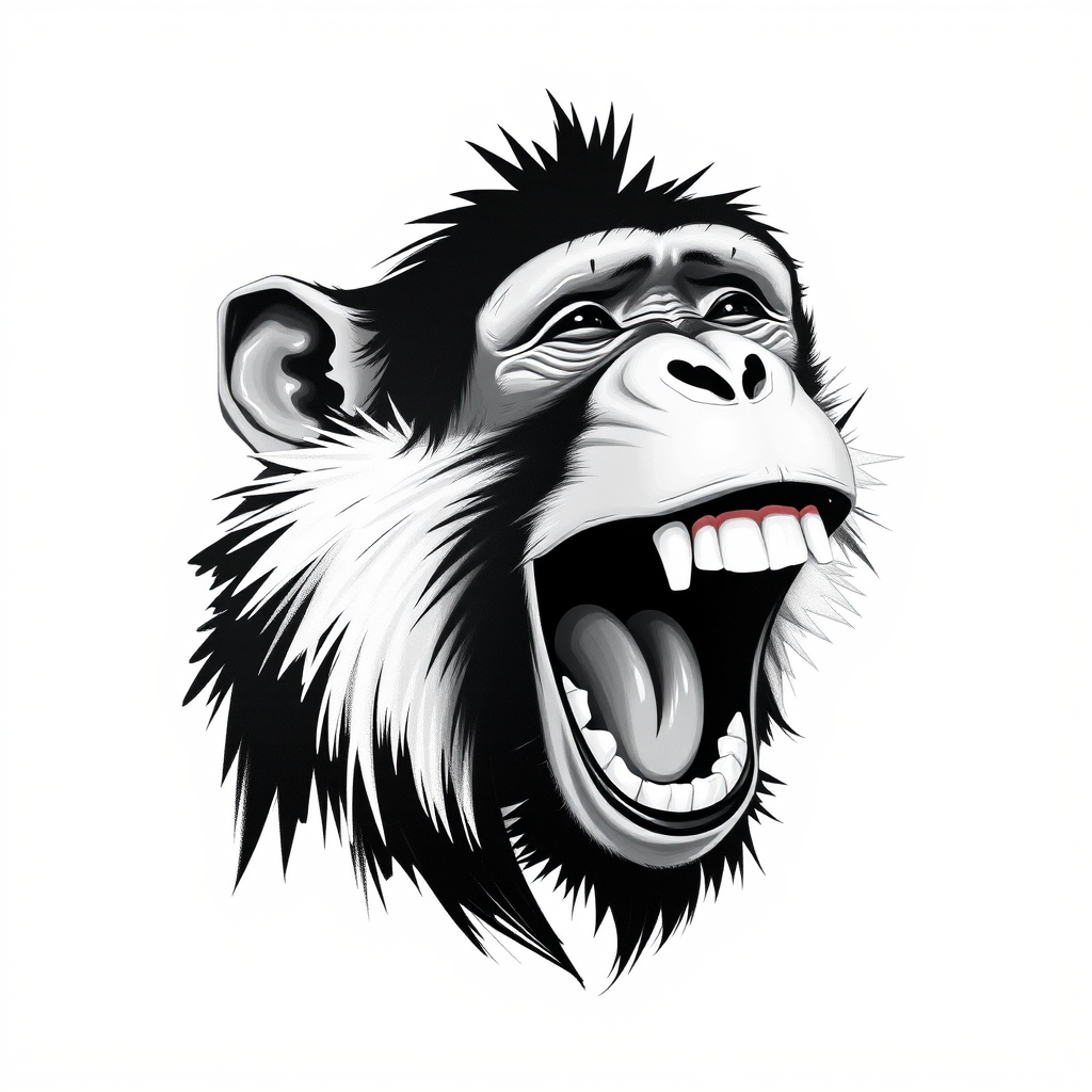 Abstract black and white acrylic portrait of an over exaggerated laughing (monkey). Minimalism style. White background.