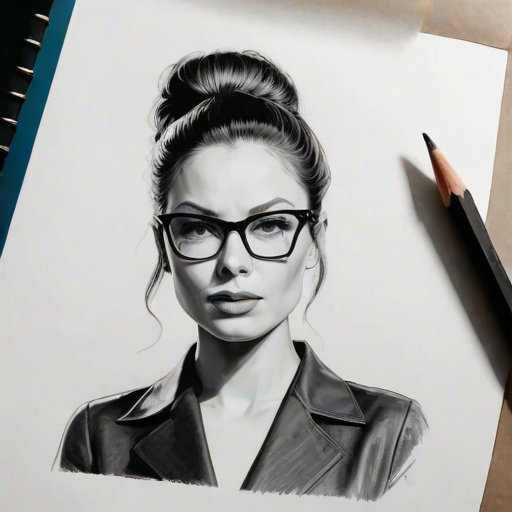 Stunning Rebecca Ferguson, pencil sketch, portrait of Alluring woman 1964s in glasses, hair style beatnik, outline, clear lines, fine lines, 8k