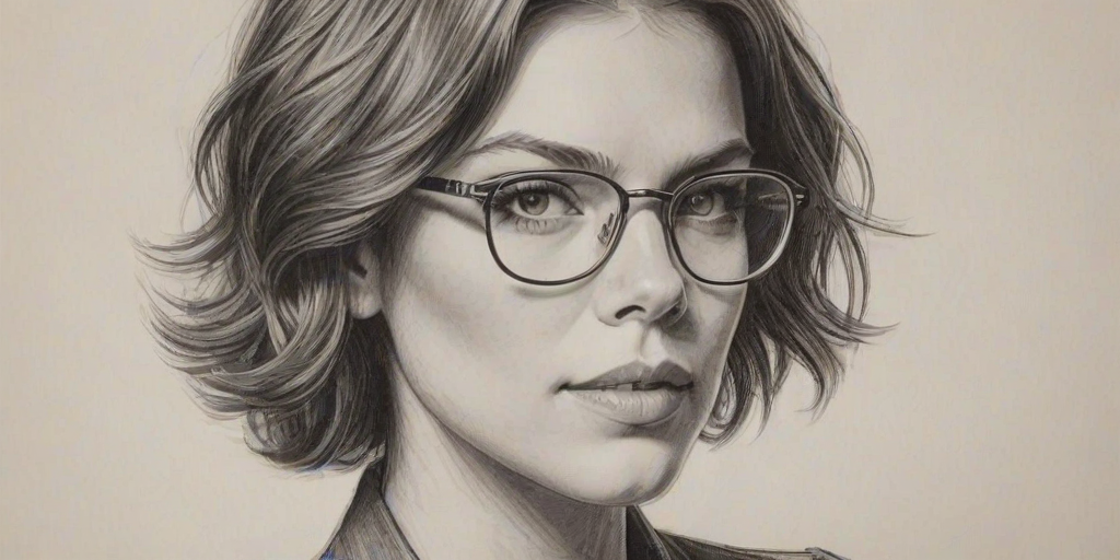 Charming Lauren Cohan, pencil sketch, portrait of Exquisite woman 1974s in glasses, hair style beatnik, outline, clear lines, fine lines, 8k