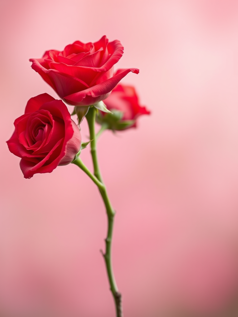 Regenerate an image of a rose stem with three blooming roses, vibrant colors on a soft focus background, camera settings: f/2.8, ISO 100, shutter speed 1/125s, camera view: macro, camera style: photographic realism, camera type: DSLR.