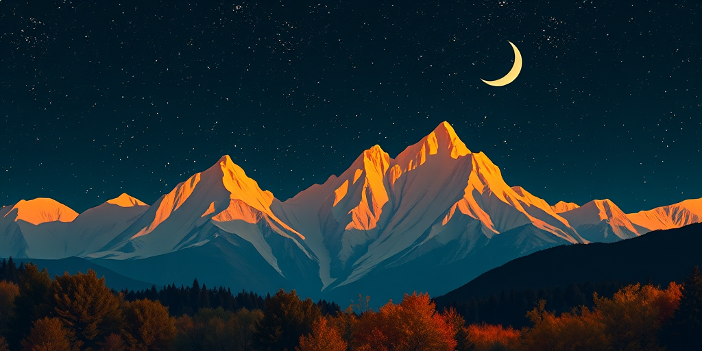 create an abstract digital artwork featuring stylized mountains in shades of yellow and orange against a dark starry night sky with a crescent moon, include vibrant foliage at the bottom, shot with a Canon EOS R camera, wide-angle lens, f/8 aperture, ISO 400, 1/60 sec shutter speed, high-resolution with vivid colors and sharp details.