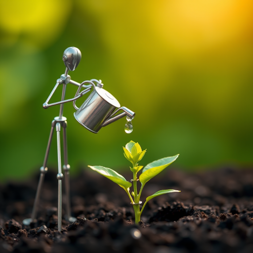 A metal figurine of a person, constructed from thin, silver rods, stands on the left side of the image, facing the viewer. The figurine is holding a small watering can and pouring water onto a young plant, with a few droplets in the air. The plant, with lush green leaves, is situated in the center, growing from dark soil. The background is a soft, out-of-focus blur of green, illuminated by warm, natural light.  The composition creates a sense of depth and intimacy. The image evokes feelings of growth, nurture, and hope.
