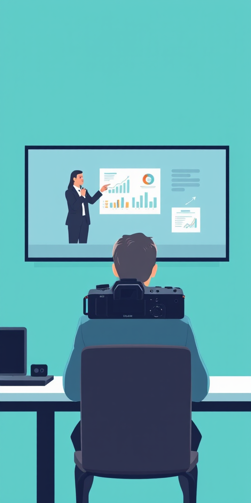 Create an illustration of a person sitting at a desk, viewed from behind, facing a large screen displaying a presenter in a suit, with a chart and graphs, using a DSLR camera at 50mm focal length, f/2.8 aperture, 1/125s shutter speed, and a soft focus, in a modern, minimalistic style with a turquoise background.