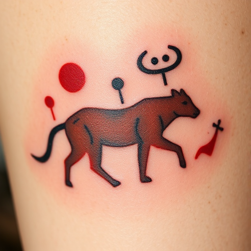 Prehistoric cave art tattoo, "Ancient Echoes," inspired by Paleolithic rock paintings, featuring simplified animal silhouettes and symbolic shapes in earthy tones of red, brown, and black, creating a primitive yet powerful design