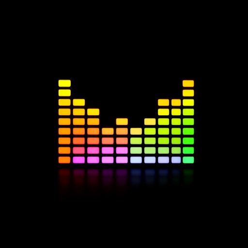 Create a high-resolution digital image of an audio equalizer display featuring vibrant colors from red to orange to yellow to green, with a black background, using a DSLR camera with a 50mm lens, f/1.8 aperture, ISO 100, and 1/200 sec shutter speed for enhanced clarity and detail.