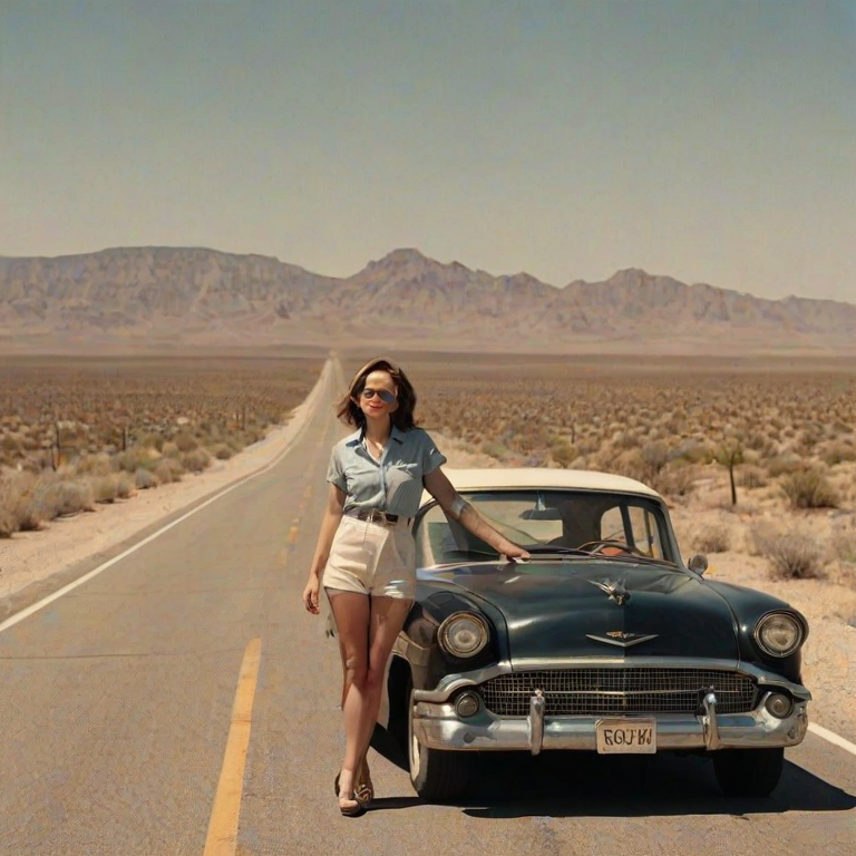 Lonely highway stretching into the desert, a woman standing by her vintage car, the heat waves rising off the asphalt, a map spread on the hood.