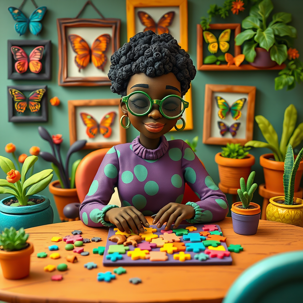 A vibrant and whimsical illustration of an african american woman sitting at a table working on a colorful jigsaw puzzle. she is wearing round glasses, and patterned clothing in shades of purple and green.  The background features an eclectic collection of framed butterflies, potted plants, and other natural elements, creating a warm and inviting atmosphere. The style is playful and modern, with rich textures, intricate details, and a lively color palette.