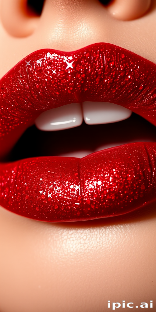 Glitter-infused ruby red lips with a high-shine finish, christened "Red Carpet Sparkle," providing intense pigmentation and dazzling shimmer