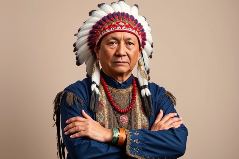 Create a dignified portrait of a Native American man dressed in traditional attire. He wears a beautifully crafted headdress adorned with white feathers and red beads, along with a beaded headband featuring intricate patterns. His clothing includes a deep blue, patterned shirt and a traditional chest piece with detailed beadwork. His arms are crossed, displaying leather armbands decorated with feathers. The background is simple and neutral, emphasizing his proud and stoic expression. The overall image captures the rich cultural heritage and strength of his persona.