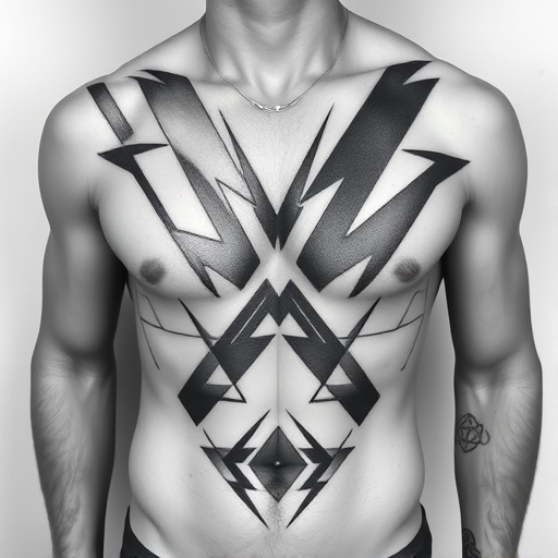 Bold geometric body tattoo covering the entire chest and abdomen, incorporating sharp lines and abstract shapes in monochromatic grayscale tones
