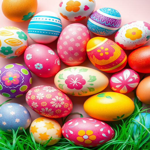 Create a high-resolution image of decorated Easter eggs arranged in a 3x3 grid with vibrant colors and patterns, using a DSLR camera with a 50mm lens, f/2.8 aperture, ISO 100, and a soft focus background.