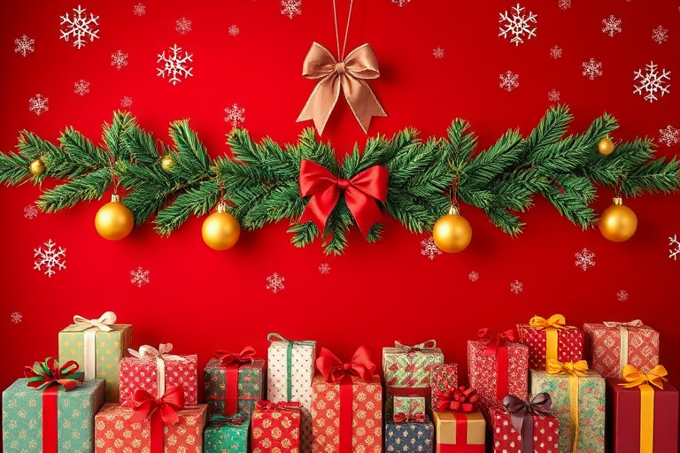 Create an image of a festive Christmas background featuring a rich red backdrop adorned with snowflakes and a decorative border of green pine branches. Include golden ornaments and a bow hanging from the branches. At the bottom, display an array of colorful Christmas presents wrapped in various patterns and ribbons, creating a warm holiday atmosphere.