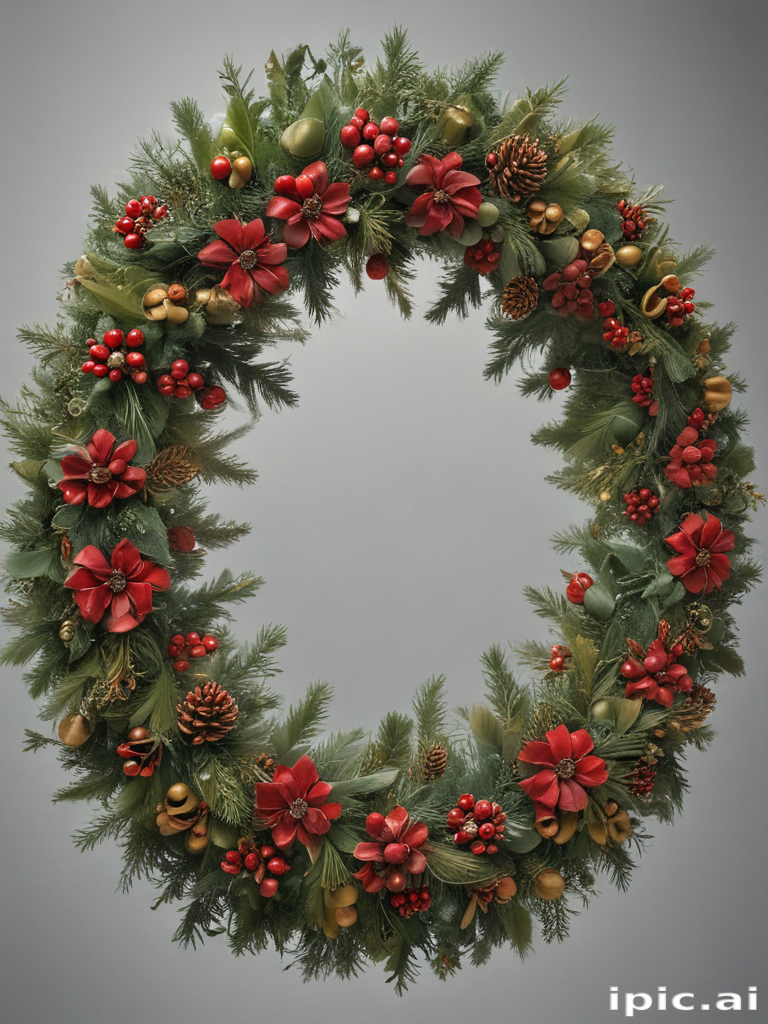 Beautifully Decorated Christmas Wreath with Red Flowers and Pine Cones