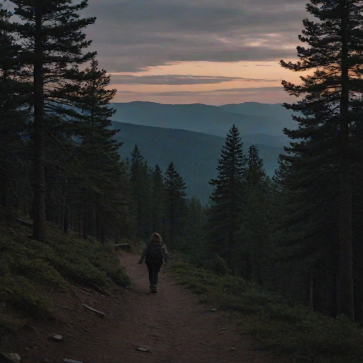 Mountain trail at dusk, with tall pines lining the path, a woman hikes alone, her silhouette barely visible against the backdrop of a darkening sky.
