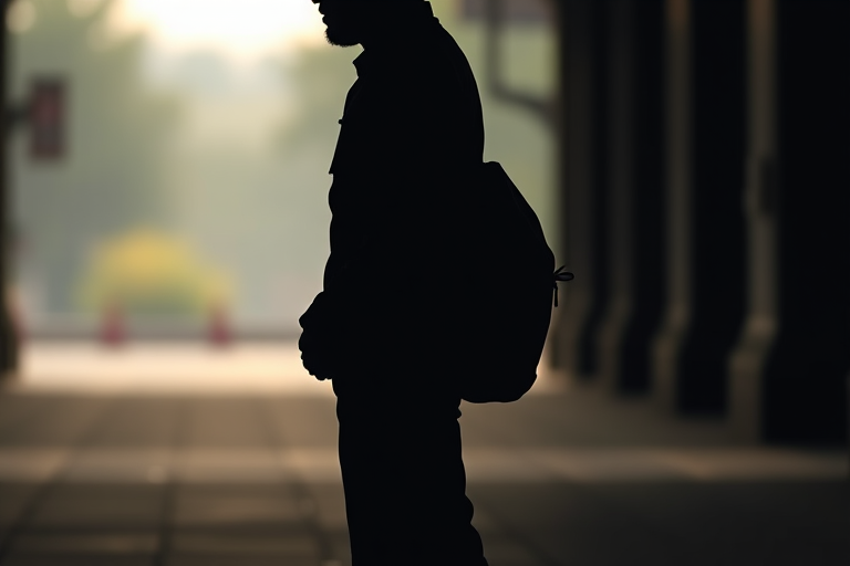 Generate a high-quality silhouette image of a person standing with a bag, shot with a Canon EOS R5 at f/2.8, ISO 100, 50mm focal length, in natural light with a blurred background for depth.
