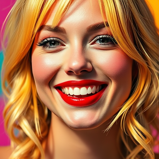 Create a vibrant pop art portrait of a smiling woman with blonde hair and red lips, using a DSLR camera with a 50mm lens, aperture f/1.8, ISO 100, and natural lighting to enhance colors and details.