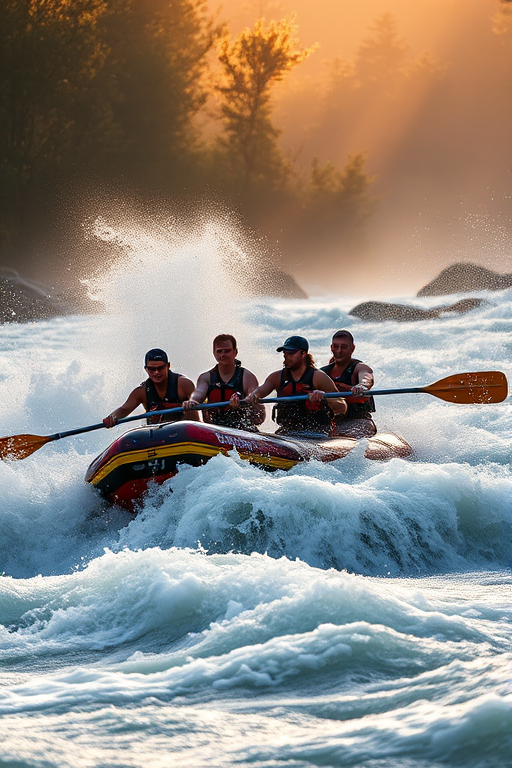A group of six people in a whitewater rafting boat navigating turbulent rapids, intense splashes of water around them, golden sunlight filtering through misty trees in the background, captured with a Canon EOS R5 at f/2.8, 1/1000 sec shutter speed, ISO 400, wide-angle lens, high dynamic range for enhanced detail and clarity.