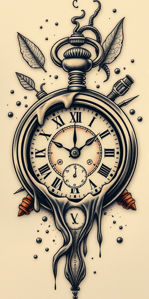 Surrealist pocket watch tattoo melting and distorting in a Dali-esque style, incorporating elements of nature and symbolism to represent the fluidity and relativity of time