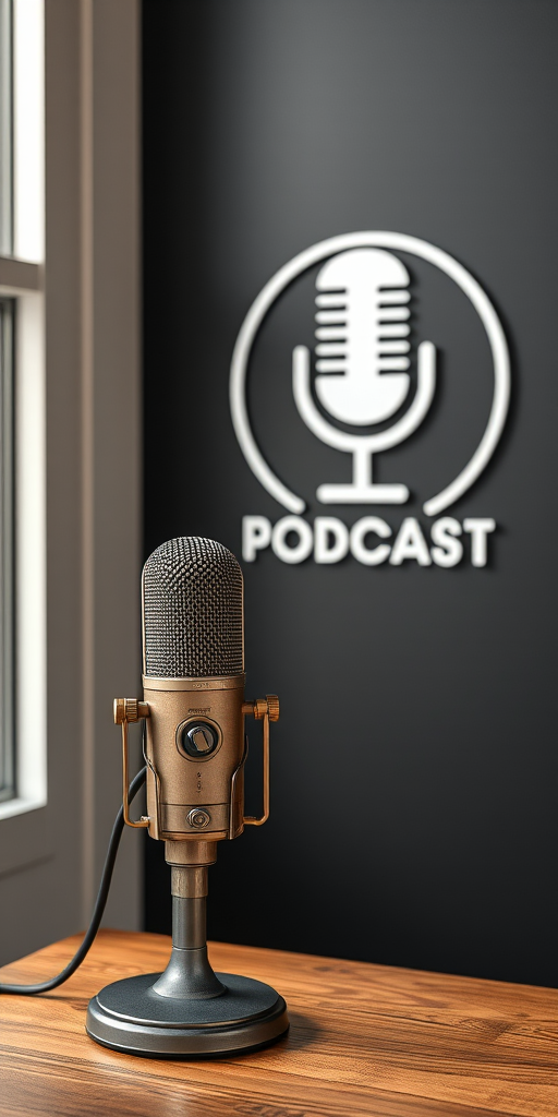Create a high-quality image of a vintage microphone on a wooden table next to a modern podcast logo on a black wall, captured with a DSLR camera, 50mm lens, f/1.8 aperture, ISO 200, in natural light to enhance clarity and detail.