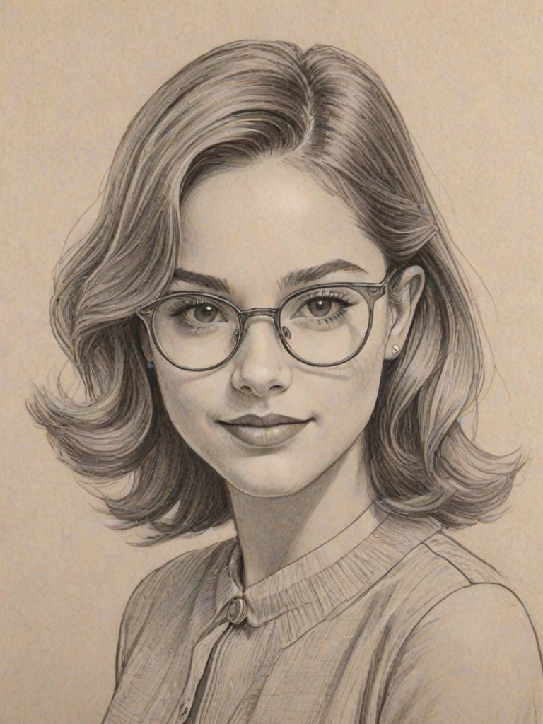 Lovely Kenzie Ziegler, pencil sketch, portrait of Elegant woman 1959s in glasses, hair style beatnik, outline, clear lines, fine lines, 8k
