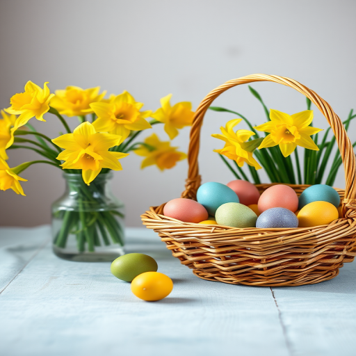 A vibrant still life featuring a woven basket filled with colorful Easter eggs beside a vase of bright yellow daffodils, captured with a Canon EOS R5, 50mm f/1.8 lens, f/2.8 aperture, ISO 100, natural light from the left, soft focus background for depth.