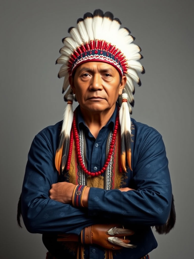 Create a dignified portrait of a Native American man dressed in traditional attire. He wears a beautifully crafted headdress adorned with white feathers and red beads, along with a beaded headband featuring intricate patterns. His clothing includes a deep blue, patterned shirt and a traditional chest piece with detailed beadwork. His arms are crossed, displaying leather armbands decorated with feathers. The background is simple and neutral, emphasizing his proud and stoic expression. The overall image captures the rich cultural heritage and strength of his persona.
